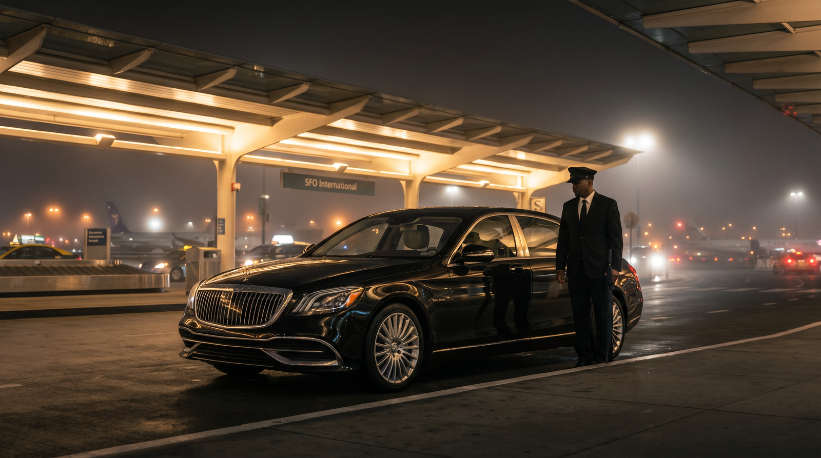 Luxury black Mercedes-Benz sedan with chauffeur at SFO arrivals terminal at night